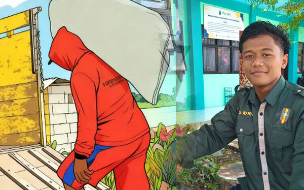 Adi memanggul gabah di pundaknya