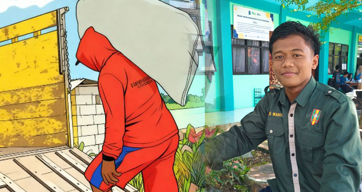 Adi memanggul gabah di pundaknya